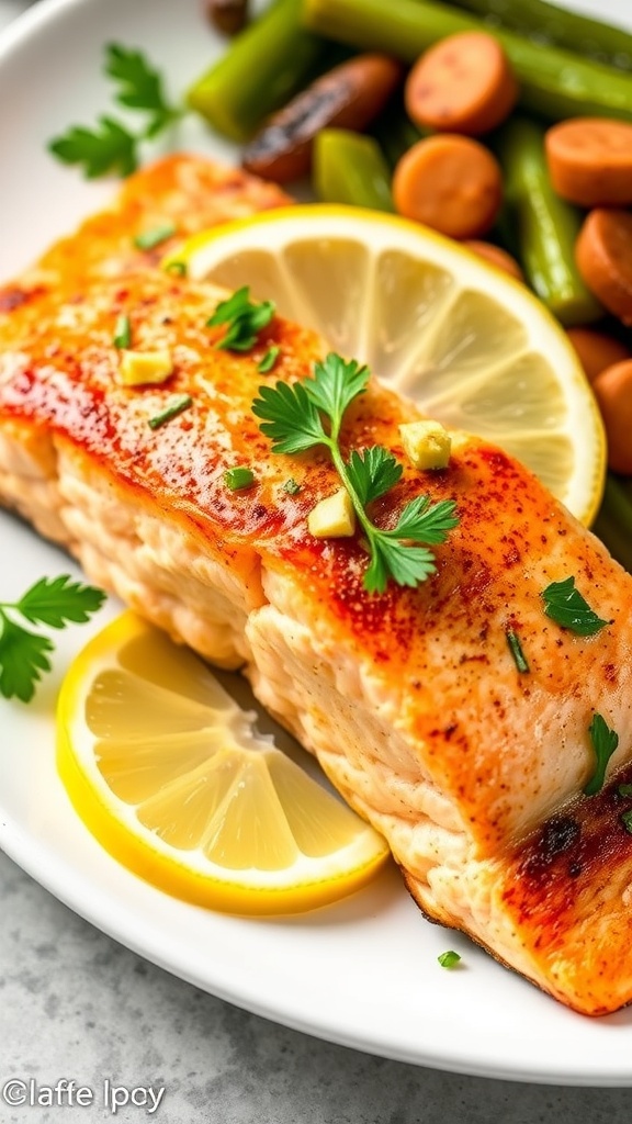Easy Air Fryer Baked Salmon Recipe Air fryer baked salmon fillet garnished with parsley and lemon on a white plate with vegetables.
